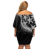 Monotone Polynesian Starfish Unique Pattern Family Matching Off Shoulder Short Dress and Hawaiian Shirt