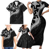 Monotone Polynesian Starfish Unique Pattern Family Matching Short Sleeve Bodycon Dress and Hawaiian Shirt