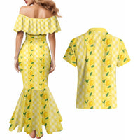 Hawaii Lemon Palaka Couples Matching Mermaid Dress and Hawaiian Shirt Striped Stylized