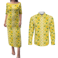Hawaii Lemon Palaka Couples Matching Puletasi and Long Sleeve Button Shirt Striped Stylized