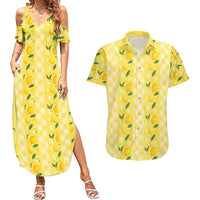 Hawaii Lemon Palaka Couples Matching Summer Maxi Dress and Hawaiian Shirt Striped Stylized