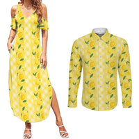 Hawaii Lemon Palaka Couples Matching Summer Maxi Dress and Long Sleeve Button Shirt Striped Stylized