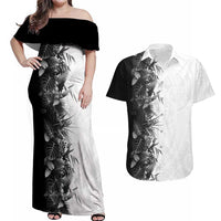 Hawaii Tropical Plant Monochrome Couples Matching Off Shoulder Maxi Dress and Hawaiian Shirt Vibrant Polynesian Pattern