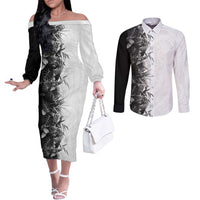 Hawaii Tropical Plant Monochrome Couples Matching Off The Shoulder Long Sleeve Dress and Long Sleeve Button Shirt Vibrant Polynesian Pattern