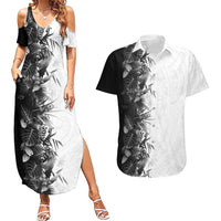 Hawaii Tropical Plant Monochrome Couples Matching Summer Maxi Dress and Hawaiian Shirt Vibrant Polynesian Pattern