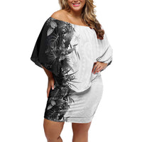Hawaii Tropical Plant Monochrome Family Matching Off Shoulder Short Dress and Hawaiian Shirt Vibrant Polynesian Pattern