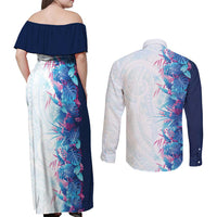 Hawaii Tropical Plant UliUli Couples Matching Off Shoulder Maxi Dress and Long Sleeve Button Shirt Vibrant Polynesian Pattern