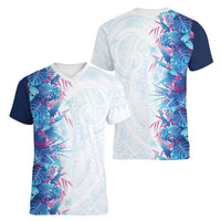 Hawaii Tropical Plant UliUli Women V-Neck T-Shirt Vibrant Polynesian Pattern