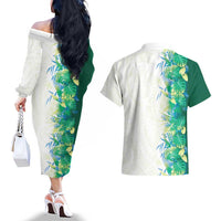Hawaii Tropical Plant Omaomao Couples Matching Off The Shoulder Long Sleeve Dress and Hawaiian Shirt Vibrant Polynesian Pattern