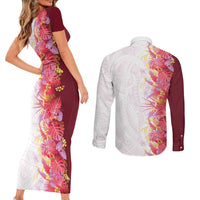 Hawaii Tropical Plant Akala Couples Matching Short Sleeve Bodycon Dress and Long Sleeve Button Shirt Vibrant Polynesian Pattern