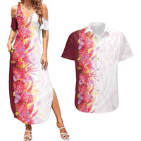 Hawaii Tropical Plant Akala Couples Matching Summer Maxi Dress and Hawaiian Shirt Vibrant Polynesian Pattern