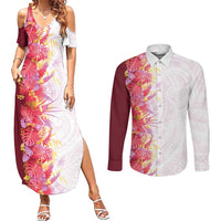 Hawaii Tropical Plant Akala Couples Matching Summer Maxi Dress and Long Sleeve Button Shirt Vibrant Polynesian Pattern