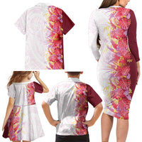 Hawaii Tropical Plant Akala Family Matching Long Sleeve Bodycon Dress and Hawaiian Shirt Vibrant Polynesian Pattern