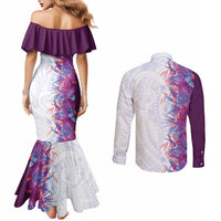 Hawaii Tropical Plant Poni Couples Matching Mermaid Dress and Long Sleeve Button Shirt Vibrant Polynesian Pattern