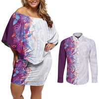 Hawaii Tropical Plant Poni Couples Matching Off Shoulder Short Dress and Long Sleeve Button Shirt Vibrant Polynesian Pattern