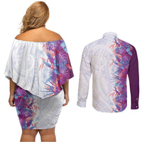 Hawaii Tropical Plant Poni Couples Matching Off Shoulder Short Dress and Long Sleeve Button Shirt Vibrant Polynesian Pattern