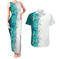 Hawaii Tropical Plant Teal Couples Matching Tank Maxi Dress and Hawaiian Shirt Vibrant Polynesian Pattern