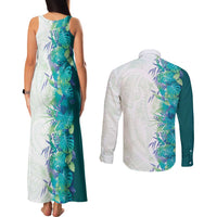 Hawaii Tropical Plant Teal Couples Matching Tank Maxi Dress and Long Sleeve Button Shirt Vibrant Polynesian Pattern