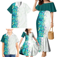 Hawaii Tropical Plant Teal Family Matching Mermaid Dress and Hawaiian Shirt Vibrant Polynesian Pattern