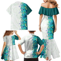Hawaii Tropical Plant Teal Family Matching Mermaid Dress and Hawaiian Shirt Vibrant Polynesian Pattern