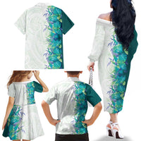 Hawaii Tropical Plant Teal Family Matching Off The Shoulder Long Sleeve Dress and Hawaiian Shirt Vibrant Polynesian Pattern