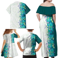 Hawaii Tropical Plant Teal Family Matching Off Shoulder Maxi Dress and Hawaiian Shirt Vibrant Polynesian Pattern