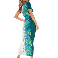 Hawaii Tropical Plant Teal Family Matching Short Sleeve Bodycon Dress and Hawaiian Shirt Vibrant Polynesian Pattern