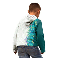 Hawaii Tropical Plant Teal Kid Hoodie Vibrant Polynesian Pattern