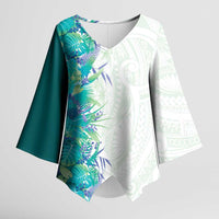 Hawaii Tropical Plant Teal Kimono Sleeve Blouse Vibrant Polynesian Pattern