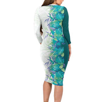 Hawaii Tropical Plant Teal Long Sleeve Bodycon Dress Vibrant Polynesian Pattern