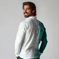 Hawaii Tropical Plant Teal Long Sleeve Polo Shirt Vibrant Polynesian Pattern