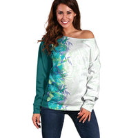 Hawaii Tropical Plant Teal Off Shoulder Sweater Vibrant Polynesian Pattern