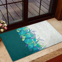 Hawaii Tropical Plant Teal Rubber Doormat Vibrant Polynesian Pattern