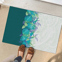 Hawaii Tropical Plant Teal Rubber Doormat Vibrant Polynesian Pattern