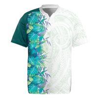 Hawaii Tropical Plant Teal Rugby Jersey Vibrant Polynesian Pattern