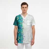 Hawaii Tropical Plant Teal Scrub Top Vibrant Polynesian Pattern