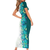 Hawaii Tropical Plant Teal Short Sleeve Bodycon Dress Vibrant Polynesian Pattern