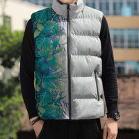 Hawaii Tropical Plant Teal Sleeveless Puffer Jacket Vibrant Polynesian Pattern