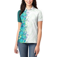 Hawaii Tropical Plant Teal Women Polo Shirt Vibrant Polynesian Pattern