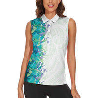 Hawaii Tropical Plant Teal Women Sleeveless Polo Shirt Vibrant Polynesian Pattern