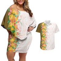 Hawaii Tropical Plant Lenalena Couples Matching Off Shoulder Short Dress and Hawaiian Shirt Vibrant Polynesian Pattern