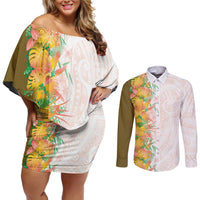 Hawaii Tropical Plant Lenalena Couples Matching Off Shoulder Short Dress and Long Sleeve Button Shirt Vibrant Polynesian Pattern