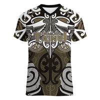 Personalised Maori Waikato Tainui Women V-Neck T-Shirt Silver Fern Kowhaiwhai Art