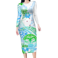 Kia Ora Maori New Zealand Pastel Long Sleeve Bodycon Dress Sun Ta Moko Aqua Green Version LT01 Long Dress Aqua - Polynesian Pride