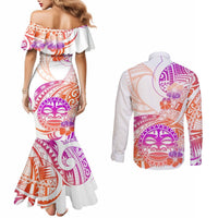 Kia Ora Maori New Zealand Pastel Couples Matching Mermaid Dress and Long Sleeve Button Shirt Sun Ta Moko Sunset Version LT01 - Polynesian Pride