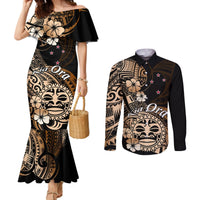 Aotearoa Kia Ora New Zealand Ta Moko Gold Version Couples Matching Mermaid Dress and Long Sleeve Button Shirt LT01 Gold - Polynesian Pride