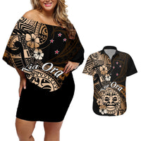 Aotearoa Kia Ora New Zealand Ta Moko Gold Version Couples Matching Off Shoulder Short Dress and Hawaiian Shirt LT01 Gold - Polynesian Pride
