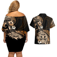 Aotearoa Kia Ora New Zealand Ta Moko Gold Version Couples Matching Off Shoulder Short Dress and Hawaiian Shirt LT01 - Polynesian Pride