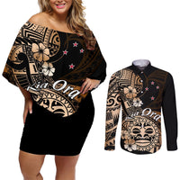 Aotearoa Kia Ora New Zealand Ta Moko Gold Version Couples Matching Off Shoulder Short Dress and Long Sleeve Button Shirt LT01 Gold - Polynesian Pride
