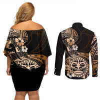 Aotearoa Kia Ora New Zealand Ta Moko Gold Version Couples Matching Off Shoulder Short Dress and Long Sleeve Button Shirt LT01 - Polynesian Pride